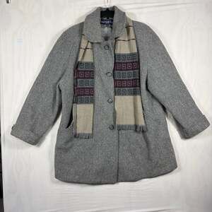 Herman Kay Vintage Gray Wool Blend Coat With Matching Scarf Size 14P